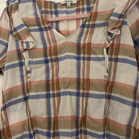 Madewell V-Neck Shoulder-Ruffle Top in Plaid Small - Picture 3 of 5